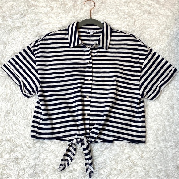 Splendid Tops - Splendid Tie Knot Navy Blue Striped Collared Shirt
